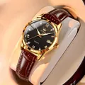 Orologio al quarzo luminoso con cinturino in pelle marrone e cassa dorata da donna - Quadrante Nero Pelle Marrone Donne