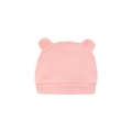 Close-up of pink newborn cotton hat with 3D bear ears and soft knit texture detail - Pink