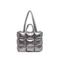 Silver quilted puffer tote bag with metallic finish and dual handles for women - Gunmetal