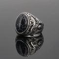 Retro stainless steel signet ring for men featuring a black marble stone and engraved motifs - US 7 / Synthetic Black Turquoise
