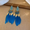 Detail of bohemian drop earrings with blue feathers, gold leaf charms and beads - 2# Blue Enameled Leaf Feather Hook