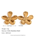 Polished 18K gold-plated stainless steel flower stud earrings with dimension measurements - Smooth Petal Flower Stud Earrings - Gold