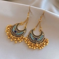 Vintage gold crescent earrings with blue enamel patterns and small golden beads - Vintage Gold Crescent Drip Oil Tassel Style