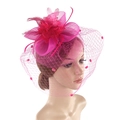 Fuchsia fascinator hat with elegant mesh veil and feather flowers for wedding parties - Rose Red