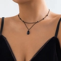 Gothic double layer necklace with black teardrop pendant and metallic bead accents - 09 Black Double-Layer Necklace