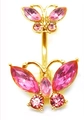 Golden belly button ring featuring double butterfly design with pink gemstones - Gold Pink Zirconia