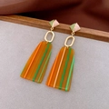 Macro shot of geometric amber resin drop earrings with stylish green and orange stripes - 40# Silver Pin-Diamond-Coffee-Multicolor