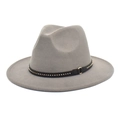 Detail of grey felt fedora hat featuring a black studded band and gold metal buckle - M (56-58cm) / Light Gray