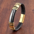 Handgemaakte heren lederen armband met magneetsluiting op donker houten achtergrond - Stijl-3 (Goud Zilver Gebogen Decoratieve Sluiting) / 23CM
