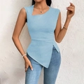 Elegant slim fit light blue asymmetric off-shoulder top with side ruching details - S / Light Blue