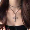 Y2K punk style double layered necklace featuring a silver cross pendant with rhinestones - Simple Cross Style (X5217)