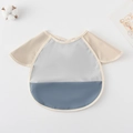 Waterproof baby feeding bib in grey and blue design with short sleeves and large pocket - Shawl - Silver-gray Color Block / One Size