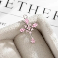 Elegant silver cross pendant with pink pear-cut crystals and floral center detail - Pink (配件049-2#)