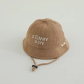 Brown corduroy baby bucket hat with bear embroidery and adjustable chin strap - 48-50cm (1-2 Years) / Sunny Bear Style / Khaki