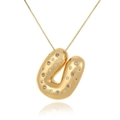 Close-up of 18k gold plated U-shaped letter pendant with inlaid multi-color zircons - Letter U