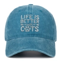 Detail view of blue washed cotton baseball cap with Life is Better with Cats embroidery - Lake Blue