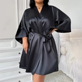 Albornoz de satén negro talla grande para mujer con acabado de seda y cinturón - 1XL / Negro