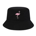 Black cotton bucket hat with pink flamingo embroidery and reinforced stitched brim - M (56-58cm) / Black