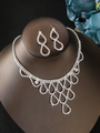 Elegant silver bridal jewelry set with sparkling teardrop rhinestones and necklace fringe - DTN14027415S-W-Silver Drop Circle Tassel