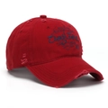 Detail of red distressed cotton baseball cap with blue OMGA FORCE embroidery and worn edges - Red (C)