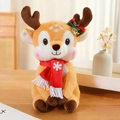 Renna di Natale in peluche con sciarpa rossa a fiocchi e fiocco a scacchi su legno - Marrone Chiaro - Sciarpa Rossa di Natale / 30cm