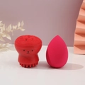 Pink teardrop makeup sponge paired with a red octopus silicone cleansing facial brush - Red Zirconia Set / Red