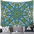 Detailed blue-green mandala tapestry hanging over a sofa in a modern boho living room decor - 100x70cm (Short Plush) / Dark Blue-Green Lemon Yellow Mandala (32)