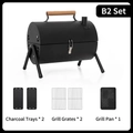 Portable outdoor charcoal grill set with foldable black stove, grates and griddle pan - Round Grill [Black With Baking Pan] / Charcoal Trough*2/Grill Net*2/Baking Pan*1