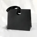 Elegant black embossed paper gift bag with wide satin ribbon handles for cosmetics - 15.5*14.5*7.5cm / Jet Black