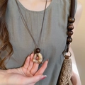 Vintage stone pendant necklace with brown wood beads on minimalist brown wax cord - 42# Necklace-Coffee