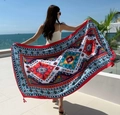 Close-up of ethnic geometric print beach shawl with fringe edges under the sunlight - Tassel Ethnic Totem (Ethnic Geometric-4)