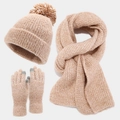 Close-up of winter knit set including double-color pompom hat, scarf and touchscreen gloves - Khaki
