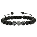 Minimalistisches mattes Steinperlenarmband mit Obsidian und verstellbarem Textilband - Matte Stein & Schneeflocken-Obsidian