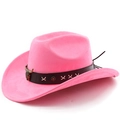 Detailed close-up of pink suede cowboy hat featuring bull head metal and star accents - M (56-58cm) / Magenta