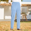Detail view of light blue corduroy pants with elastic waist and side pockets - S / Bottoms / Sky Blue