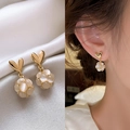Golden heart earrings with white cat-eye bead cluster tassels on silk background - Gold Heart Earring Post with Cat's Eye Beads (A2219)