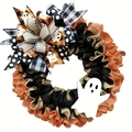Ghirlanda di Halloween con nastri di iuta arancione, insegne di fantasmi e fiocco - Ghirlanda di Halloween in Tela di Sacco con Fantasma