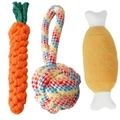 Three-piece dog chew toy set featuring a carrot rope, knot ball, and plush bone toy - Popular 3-Piece Set (Carrot + Loop Ball + Plush Drumstick)