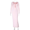 Detail of pink bodycon long sleeve dress featuring square neck with metal cutout hook - S / Pink