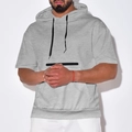 Detail of grey short sleeve hoodie featuring waffle knit texture and black drawstrings - S / Gray