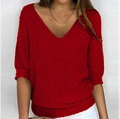 Detail view of the V-neckline and textured red knit fabric on this elegant women top - S / Red