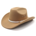 Classic camel felt western cowboy hat with wide brim, white leather band and gold buckle - M (56-58cm) / Camel