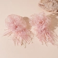 Detail of pink lace flower earrings with soft feather fringe and pearl center accents - Pink Flower Goose Feather Drop Earrings (HE25169)
