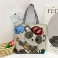 Cream tote bag featuring cartoon panda embroidery and black white striped handles - Style 7 - Panda Playing Guitar (Beige)