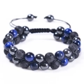 Macro detail of blue tiger eye, lava rock and hematite beads in double-layer braided bracelet - Deep Blue Tiger Eye & Lava & Hematite