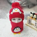 Red kids knitted penguin beanie hat and scarf set with cute pompom for winter warmth - Penguin Hat And Scarf Set Red