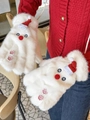 Manoplas de felpa de muñeco de nieve blancas para mujer con gorro rojo y cordón - Guantes de 5 dedos / Blanco