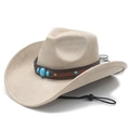 Beige faux suede western cowboy hat with turquoise stone band and chin strap - M (56-58cm) / Beige