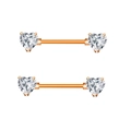 Rose gold nipple ring pair featuring heart-shaped zircon stones and polished barbell - One Pair / Rose Gold White Zirconia