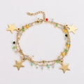 Detail of double-layer gold star charm bracelet with colorful translucent beads - Large Star Style